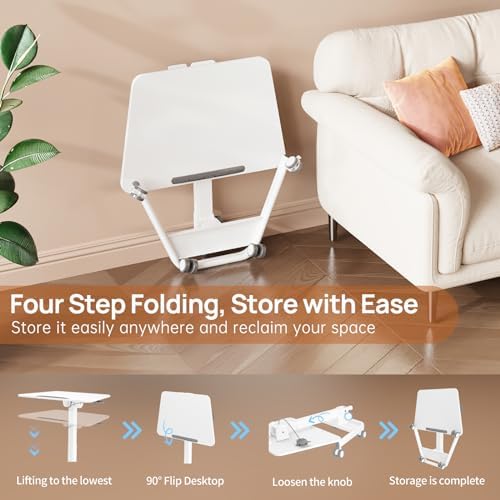 Foldable Mobile Standing Desk, Rolling Laptop Cart, White