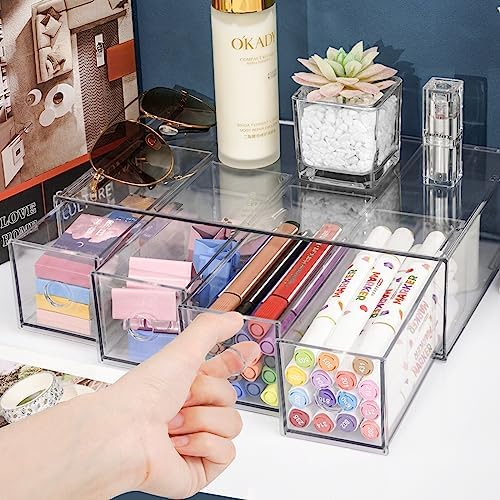 Desk Organizer with 4 Drawers, Stackable Desktop Storage Box