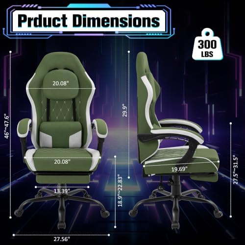 Gaming Chair with Footrest, Ergonomic Fabric Desk Chair, Dark Green