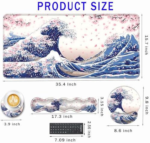 Mouse Pad,Large Pink Desk Mat, 4in1 XXL Mousepad + Keyboard Wrist Rest+Mouse Wrist Rest+Coaster Set with Ergonomic Desk Pad for Home Office Table Computer-Japanese Sea Wave