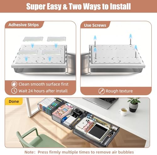 3 Pack Under Desk Drawer Slide Out Storage Organizer, Transparent Black Hidden Desktop Drawer Attachment with 3 Sizes (S/M/L), Adhesive or Screw-Mount Table Tray for iPads, Journals & Desk Accessories