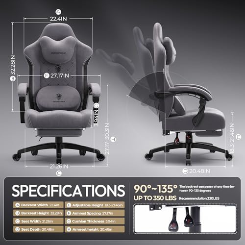 Dowinx Gaming Chair with Heated Massage Lumbar Support,Big and Tall Fabric Gaming Chairs for Adults with Footrest, Ergonomic Computer Game Chair with Poket Spring Cushions, 350lbs, Gray