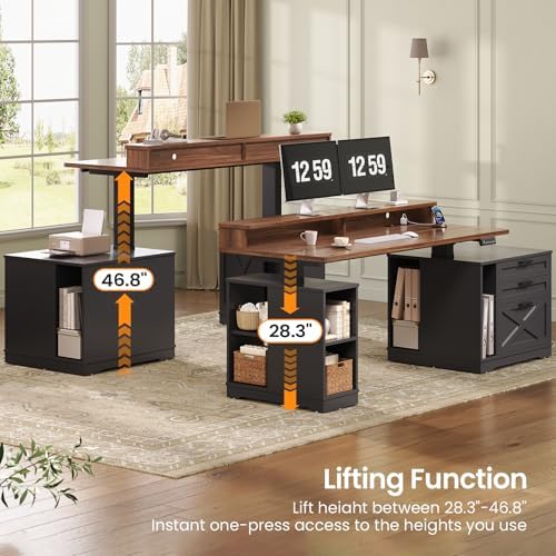 SEDETA Farmhouse Electric Standing Desk with 3 Drawers and File Cabinet