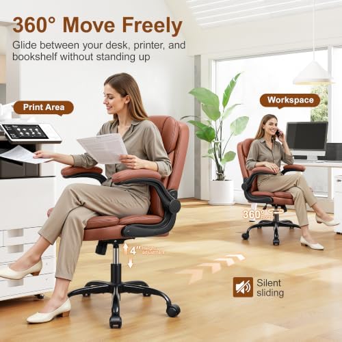HeroSet Leather Office Chair with Upgraded Double-Layer Seat Cushion and Neckrest for Short People, Brown