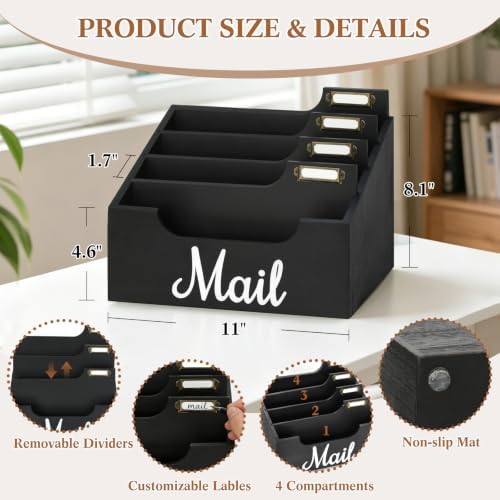 Rustic Wood Mail Organizer Countertop with 4 Slots, Black Mail Holder for Desk, Removable Dividers Mail Sorter, Letter Bill File Organizer for Home Office Classroom, Desktop Organizer with Free Labels
