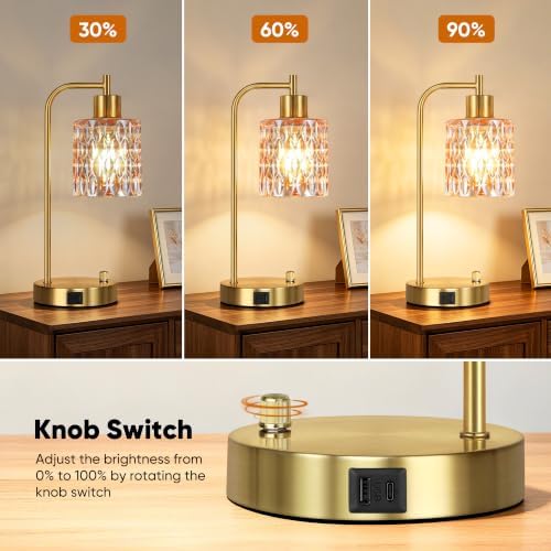 Table Lamps Set of 2, Champagne Glass Dimmable Bedside Lamps for Bedroom