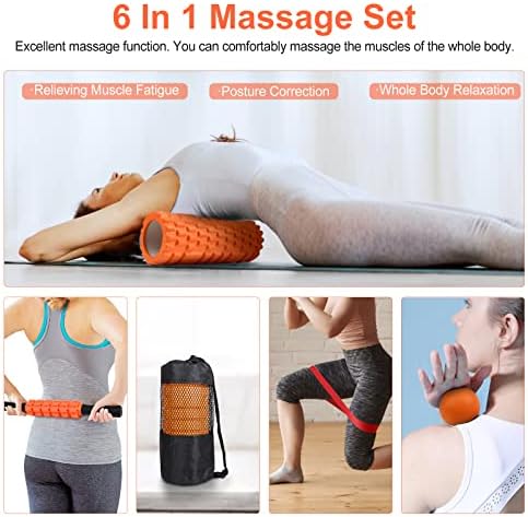 Aucuu 6 in 1 Foam Roller Set Includes Hollow Core Massage Roller, Yoga Stick, Massage Ball, Fitness Stretching Strap, Carrying Bag, Towel, Massage Roller (Orange)