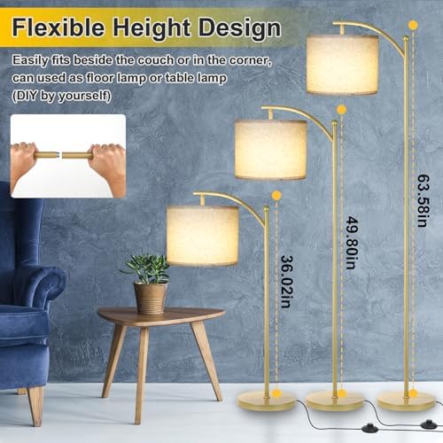 LALISU Standing Floor Lamp for Living Room, Linen Shade Floor Lamp, Gold
