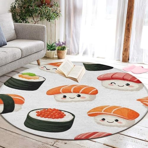 Large Home Decor Mat, Soft Round Yoga Carpet, Non Slip Machine Washable Home Office Circle Rug Kawaii Food Theme Japanese Sushi