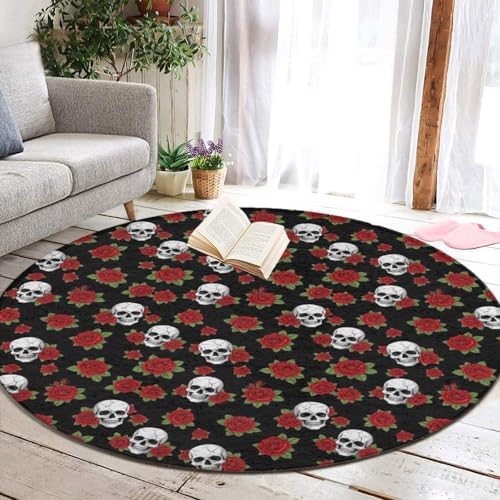 Large Home Decor Mat, Soft Round Yoga Carpet, Non Slip Machine Washable Kitchen Office Circle Rug Halloween Skulls Red Rose, 24inch