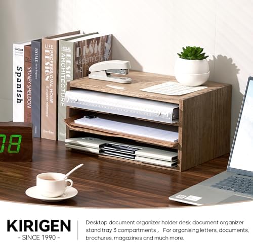 KIRIGEN Wooden Desk Organizer 3-Tier Letter Tray and Paper Sorter, Brown