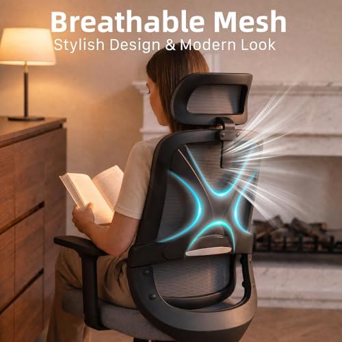 High Back Ergonomic Desk Chair with Adjustable Lumbar Support and Headrest Home Office Desk Chair with flip-up Armrests for Home, Office, Gaming, Student（Black）