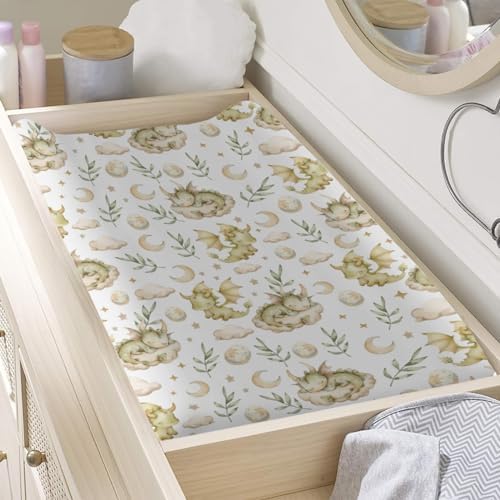Cute Dragon Moon Stars Leaves Baby Changing Pad Cover,Unisex Dragon Nursery Diaper Changing Table Pad Mat Sheet for Boys Girls-16x32