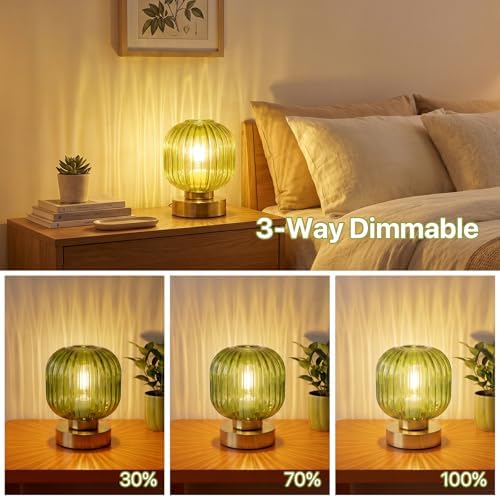 Elenhome Green Touch Glass Table Lamp Set of 2, 3-Way Dimmable Bedside Lamps, Vintage Mid-Century Modern Nightstand Lamps for Bedroom and Living Room, Ambient Mood Lighting, LED Bulb Included