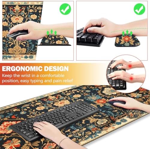 ARTSO Desk Mat Set, Mouse Pad with Wrist Rest Support + Keyboard Wrist Rest + Large Mouse Pad + Coaster, Extended Gaming Mousepad Combo, Retro Flower Plant