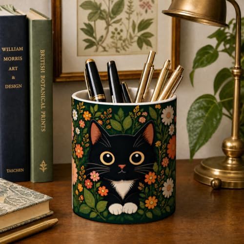 Pen Holder for Desk Ceramic Pencil Cup, Cute Makeup Brush Desk Organizer, Desk Accessories, School Supplies, Teacher Appreciation Gifts, Birthday Christmas Gift for Women (Black Cat)