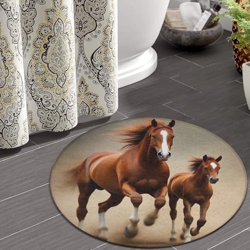 Large Machine Washable Circular Rugs, Home Decor Round Mat for Living Room Sofa Office Running Brown Horse