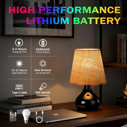 Cordless Table Lamp Rechargeable, Navy Blue Mini Bedroom Lamps for Bedside Nightstand, Rattan Shade Small Table Lamps for Small Spaces for Kitchen Counter, Bookshelf, Home Office, Living Room, Dorm
