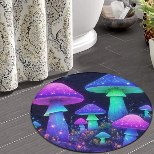 Soft Round Yoga Carpet, Office Chair Decor Round Mat for Carpet and Hardwood Floors Neon Mushrooms