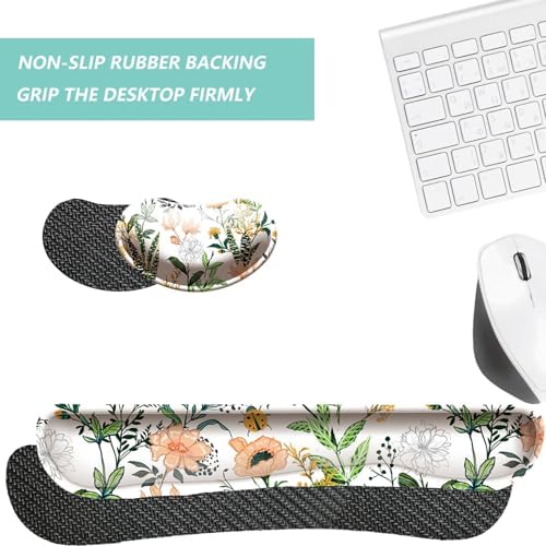 Keyboard Wrist Rest Mouse Wrist Support Set, Memory Foam Wrist Rest Pad for Computer Laptop Keyboard Mouse, Ergonomic Wrist Cushion Support for Typing Pain Relief, Gaming Home Office, Flower White