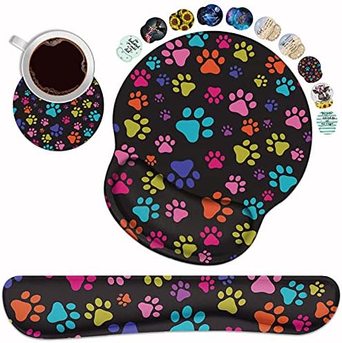 Keyboard Wrist Rest and Mouse Pad Wrist Rest Support Set with Coasters, Non-Slip PU Base for Gaming and Office, Comfortable & Lightweight for Easy Typing & Pain Relief - Colorful Dog Paw Print