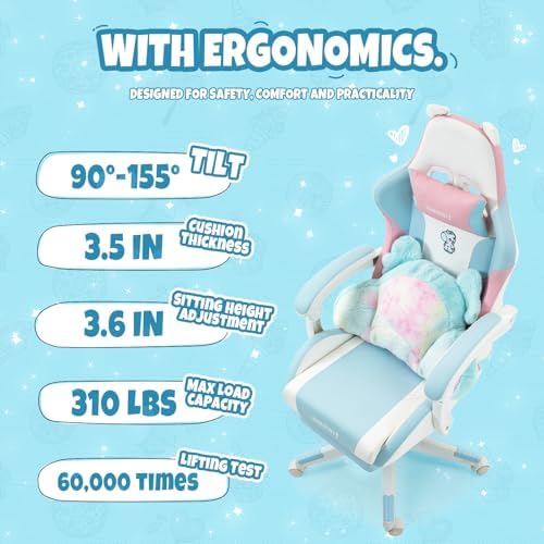 Gaming Chair, Cute Cat Gaming Chairs with Paw Lumbar Cushion for Girls, Video Gamer Chair with Footrest for Girl Teen Woman (BluePink-A)