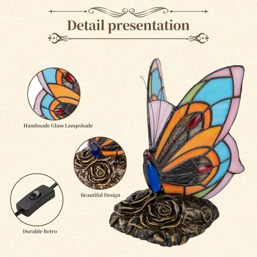 Tiffany Style Butterfly Lamp - Stained Glass Table or Desk Light LED Bulb Included - Colorful Vintage Look Butterfly Decor for Bedroom Living Room Office