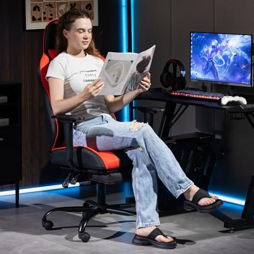 Gaming Chair with Footrest and Massage, PU Leather Video Game Computer Chair with Lumbar Support for Men Women, Home Office, Height Adjustable, Ergonomic High Back, Red