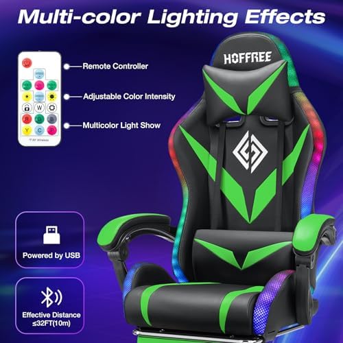 HOFFREE Gaming Chair with RGB LED Lights,Racing Style Computer Chair-Green