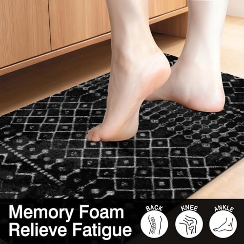 Boho Kitchen Mats for Floor 2PCs, 17.3"x47"+17.3"x29", Black