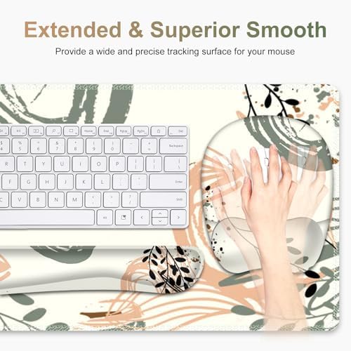 Large Mouse Pad with Wrist Support 4 in1 Set, XXL Big Game Mousepad + Keyboard Wrist Rest+Mouse Wrist Rest+Coaster Ergonomic Gaming Mat for Home Office Table Computer I Modern Boho Leaves