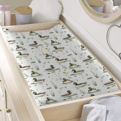 Cute Mallard Ducks Flowers Floral Leaves Baby Changing Pad Cover, Unisex Mallard Duck Nursery Diaper Changing Table Pad Mat Sheet for Boys Girls-16x32