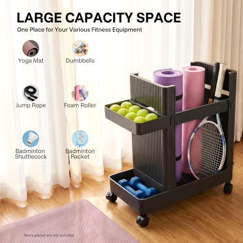 Home Gym Storage,2 Tiers Workout Equipment Organizer with Wheels Workout Equipment Storage Organizer Yoga Mat Storage Racks Home Gym Storage Rack for Yoga Mats, Foam Roller, Dumbbells