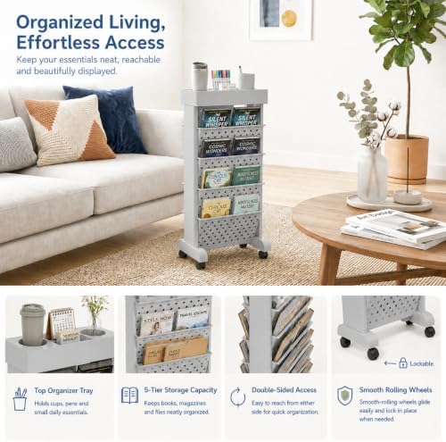 5-Tier Rolling Bookshelf Cart with Wheels, Gray