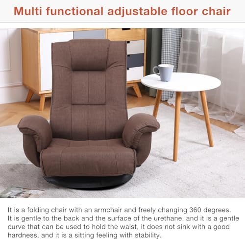 Ergonomic Swivel Floor Gaming Chair with Armrests & Side Pockets, 6-Position Reclining Sofa Bed, Foldable Padded Lounger with Thick Cushion & Lumbar Support for Esports, Reading, TV Watching, Brown