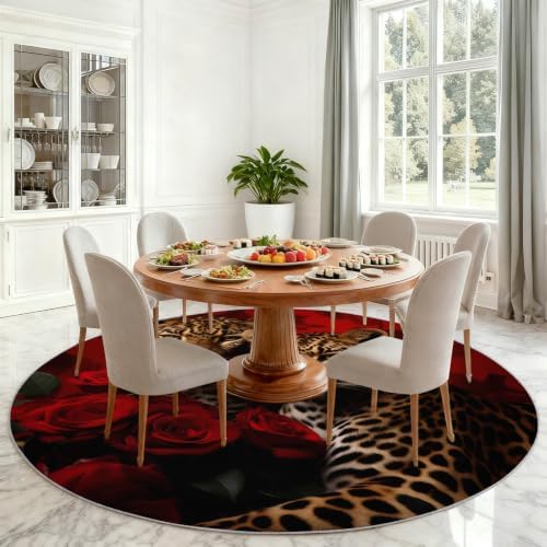 Leopard Round Rug - 6ft Washable Cheetah Print Round Area Rug for Living Room, Animal Floral Circle Rugs Soft Non-Slip Carpet for Bedroom Dining Table Decor Mat