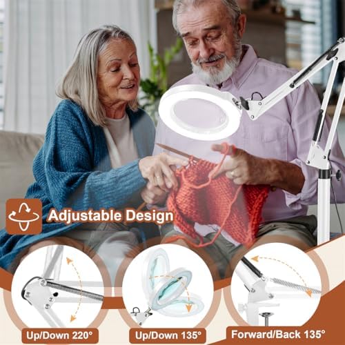 LANCOSC 15X Magnifying Glass with Light and Stand, 3-in-1 Adjustable Swing Floor Lamp, 5 Color Modes Stepless Dimmable, LED Lighted Hands Free Magnifier & Clamp for Reading, Crafts, Painting - White
