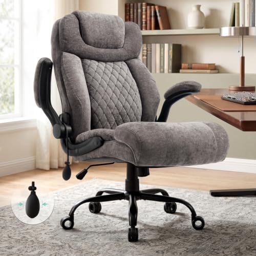 500LBS Big and Tall Executive Office Chair with Adjustable Lumbar Support,Extra Wide Seat Ergonomic Computer Desk Chair Flip-up Arm,Home Office Chair Spring Cushion Upgraded Metal Base, Fabric Grey