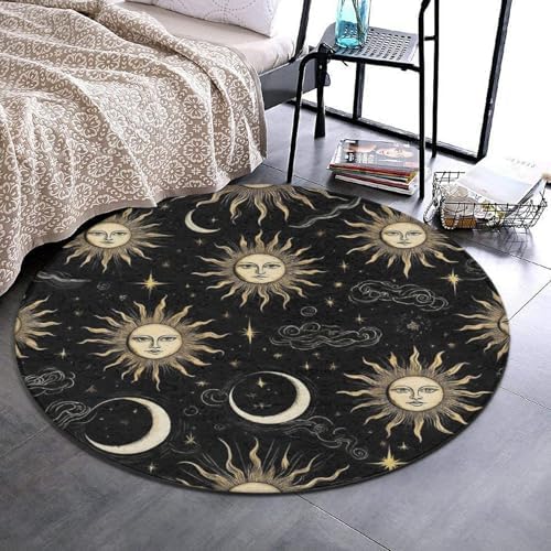 Machine Washable Modern Round Area Rug, Room Sofa Yoga Soft Round Carpet, Home Decor Non Slip Kitchen Office Circle Rug Mystical Magical Cosmic Astrology Sun Crescent Moon Stars Gold Black Art