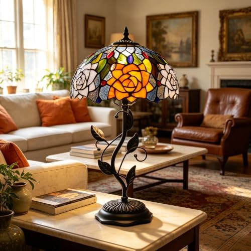 Tiffany Lamp Orange Violet Rose Stained Glass Table Lamp
