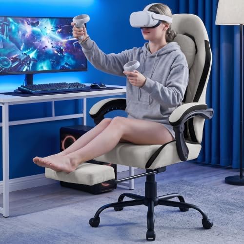 Gaming Chair with Footrest, Ergonomic Fabric Desk Chair, Grey