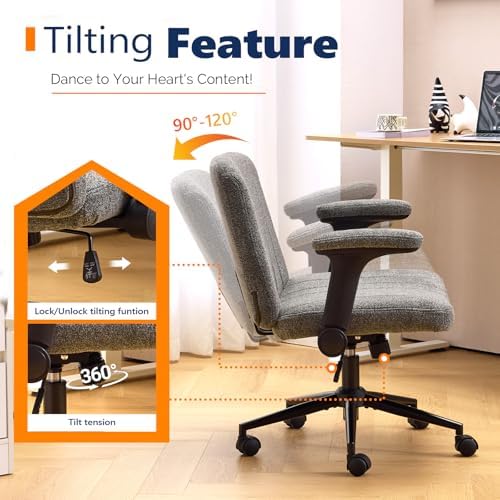 VINGLI Criss Cross Chair with Adjustable Flip-Up Arms,Cross Legged Chair with Wheels, Extra Wide Office Chair,Cozy Desk Chair for Home Office, Vanity, Apartment,Chenille Velvet,Grey