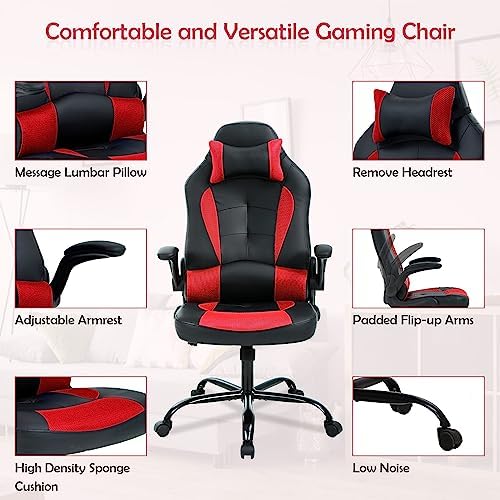 Office High Back Leather Gaming Chair, Comfortable Big and Tall, Height Adjustable Heavy Duty, Racing with Headrest & Lumbar Support (Red)