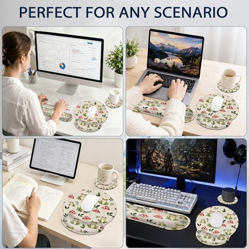 Ergonomic Memory Foam Wrist Rest Set for Keyboard and Mouse,Cute Frog Mushroom Supportive Mouse Pad with Non Slip Base for Office Work and Gaming