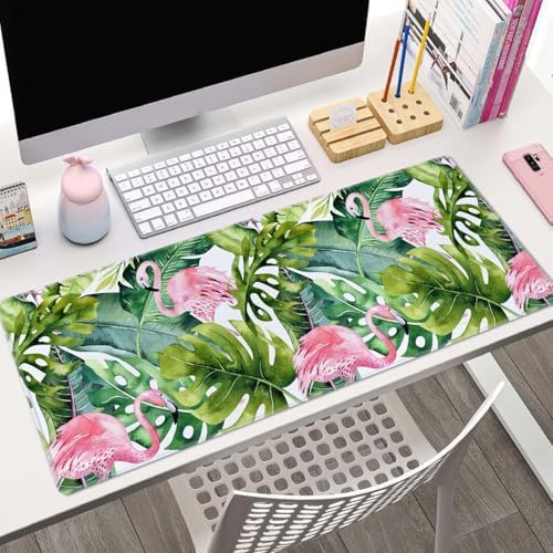 Large Gaming Mouse Pad with Stitched Edges, Watercolor Tropical Palm Tree with Flamingo Desk Mat Extended Keyboard Pad, Non-Slip Rubber Base Desk Pad for Keyboard and Mouse, 31.5X11.8 inch