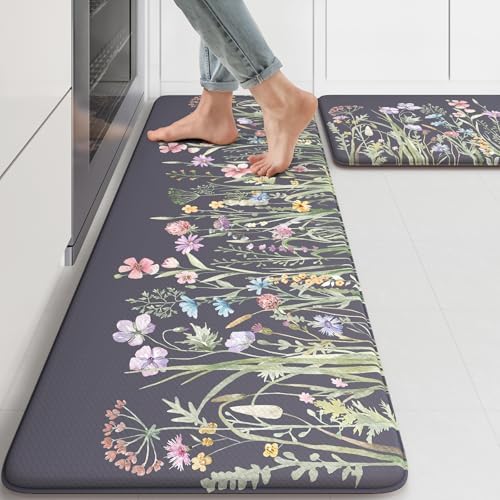 KIMODE Anti Fatigue Kitchen Mat, Farmhouse Floral Kitchen Rugs Grey Purple