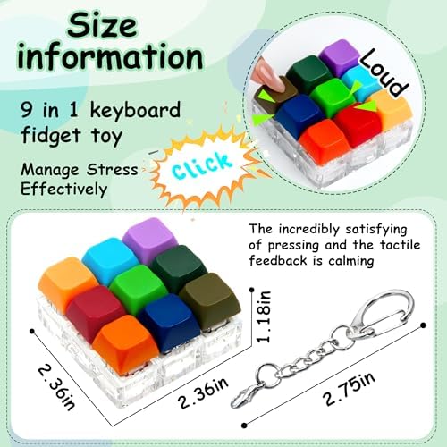 Keyboard Fidget Toy, Keyboard Fidget Keychain 9-in-1 Keyboard Decompression Button Finger Clicker Toys Stress Relief Fidget Gifts (Bright)