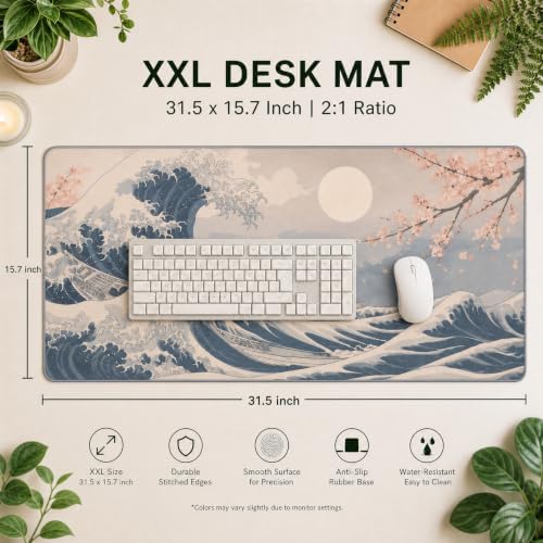 Japanese Wave Mouse Pad 31.5x15.7 Inch, Large Gaming Extended Desk Mat