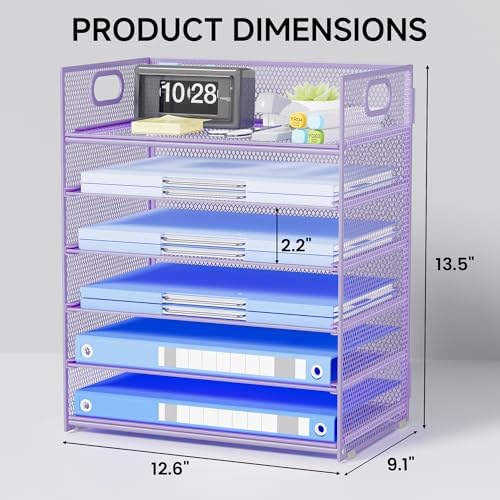 Purple Paper Organizer for Desk with Handle, 6-Tier