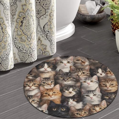 Large Machine Washable Circular Rugs, Home Decor Round Mat for Living Room Sofa Office Cute Cats